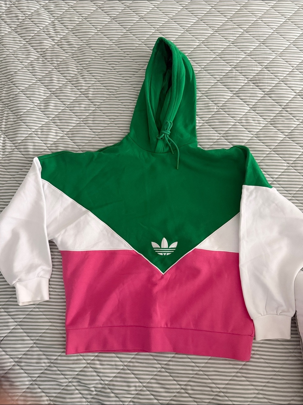 adidas Green, White & Pink Colorblock Crewneck Hoodie